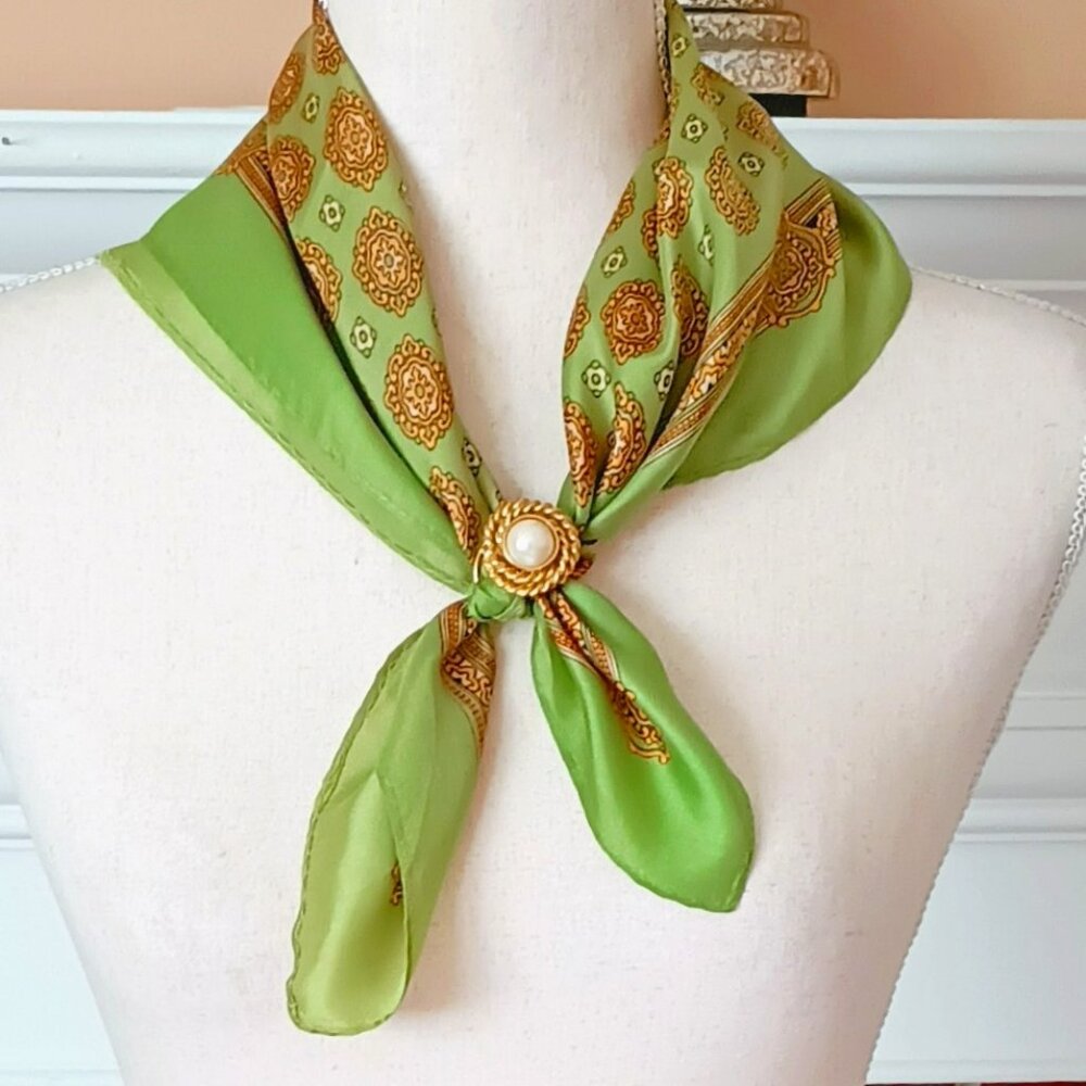 Women's Green Medallion Square Scarf 23” Vintage Green with Golden Pattern